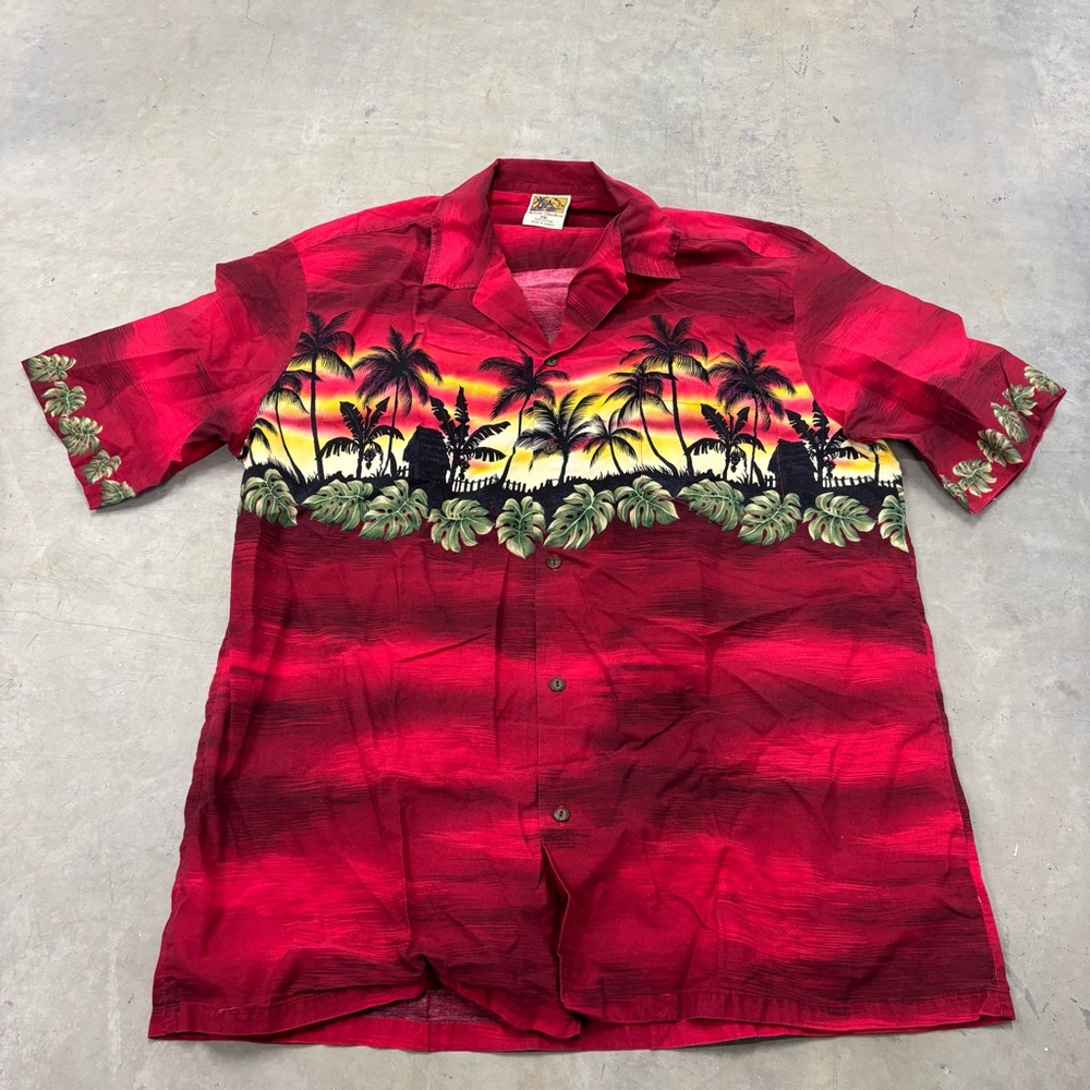 Winnie Fashion Men's XXL Cotton Short Sleeve Red Button Shirt Hawaiian